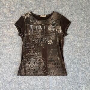 Blue Canyon Clothing Italia Graphic Tee Brown Rhinestone Short Sleeve Top